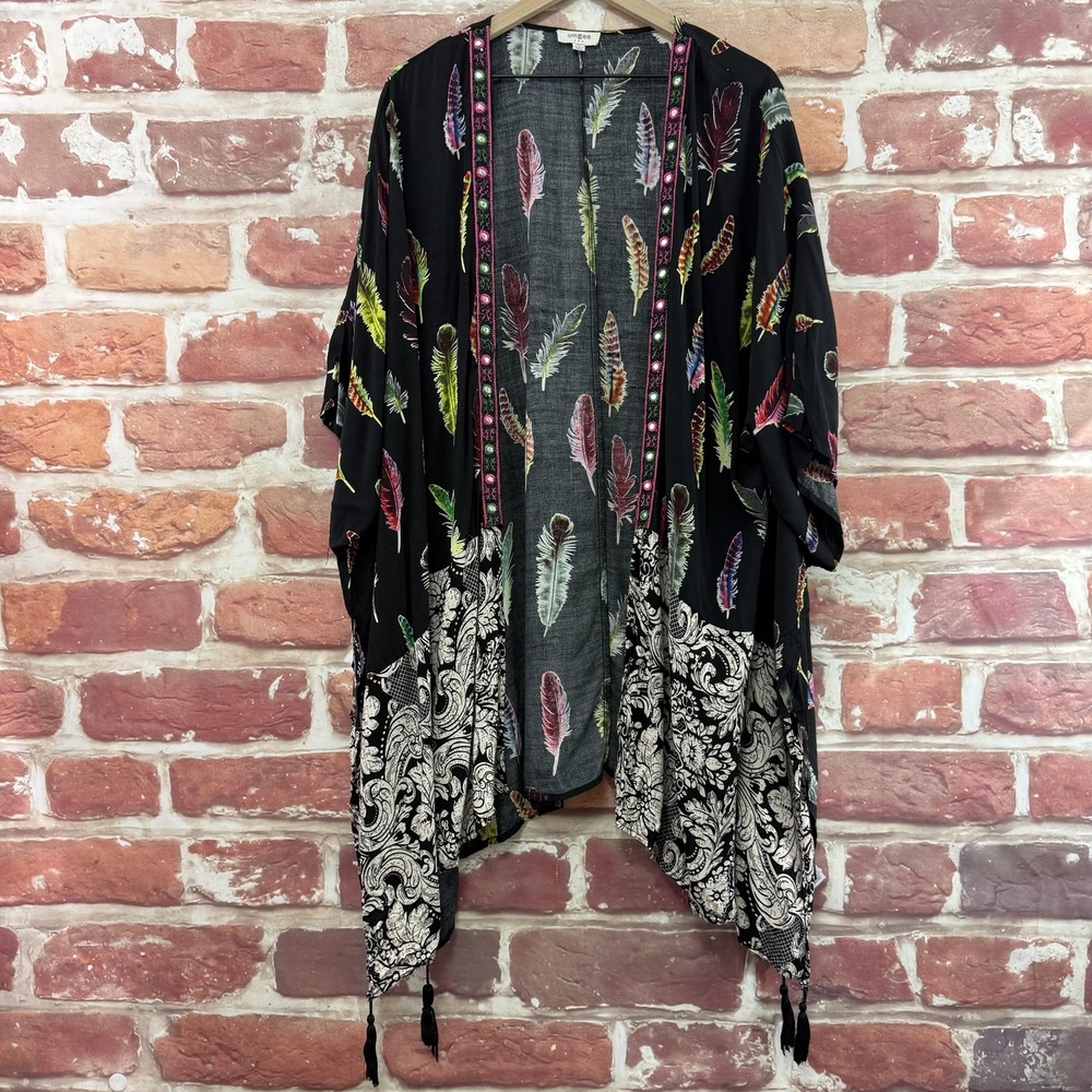 Umgee Kimono Top Women's Medium Large Black Multicolor Boho Feathers Casual